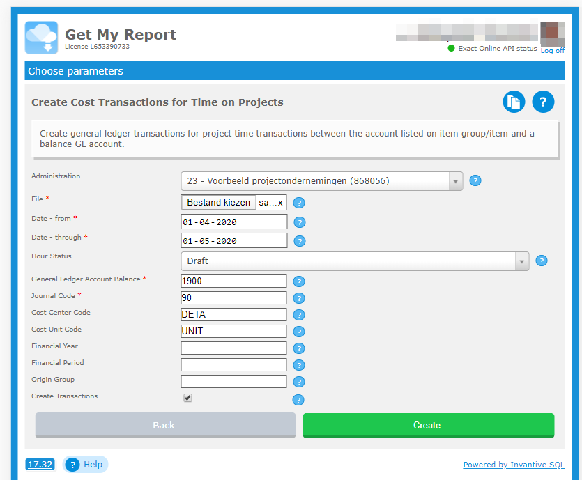 Create cost transactions in Exact Online for time on project Create cost transactions in Exact Online for time on project