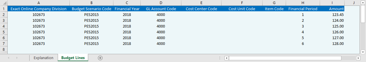 Excel sample file with budget lines to upload into Exact Online Excel sample file with budget lines to upload into Exact Online