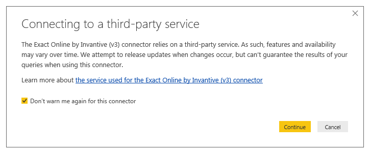 Connecting Power BI to Exact Online warning on third-party service Connecting Power BI to Exact Online warning on third-party service
