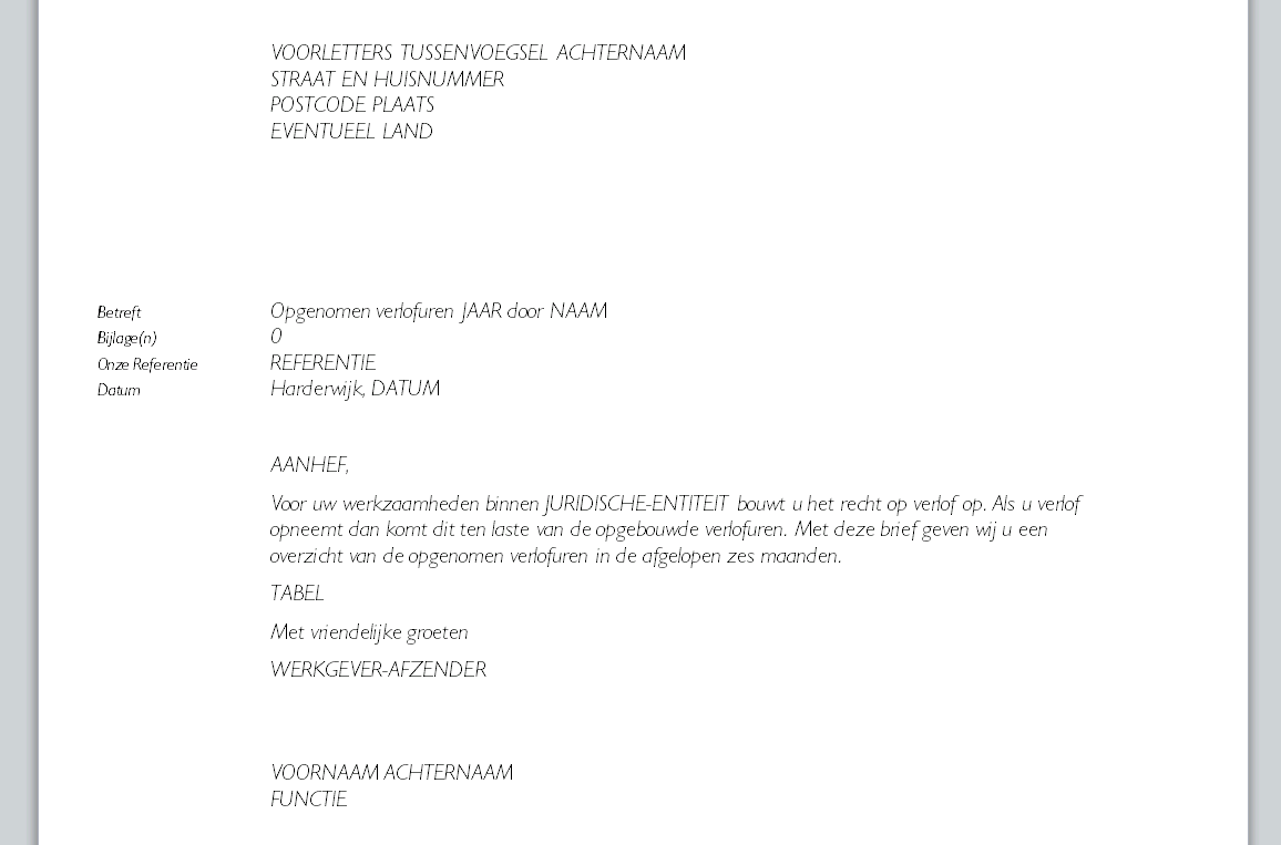 Example of a letter with used leave hours without the prefilled information