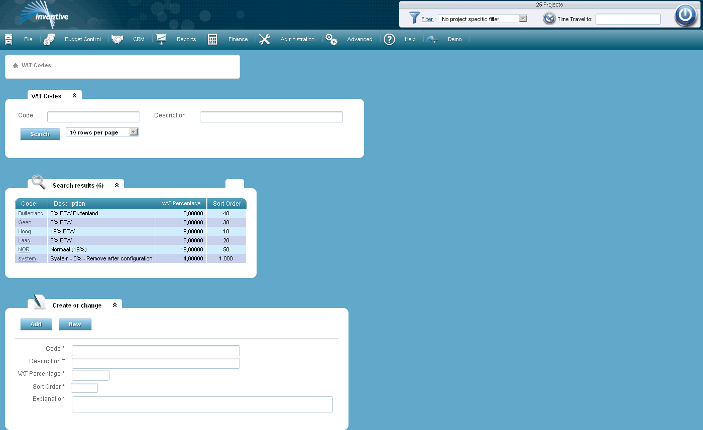 VAT codes screen VAT codes screen
