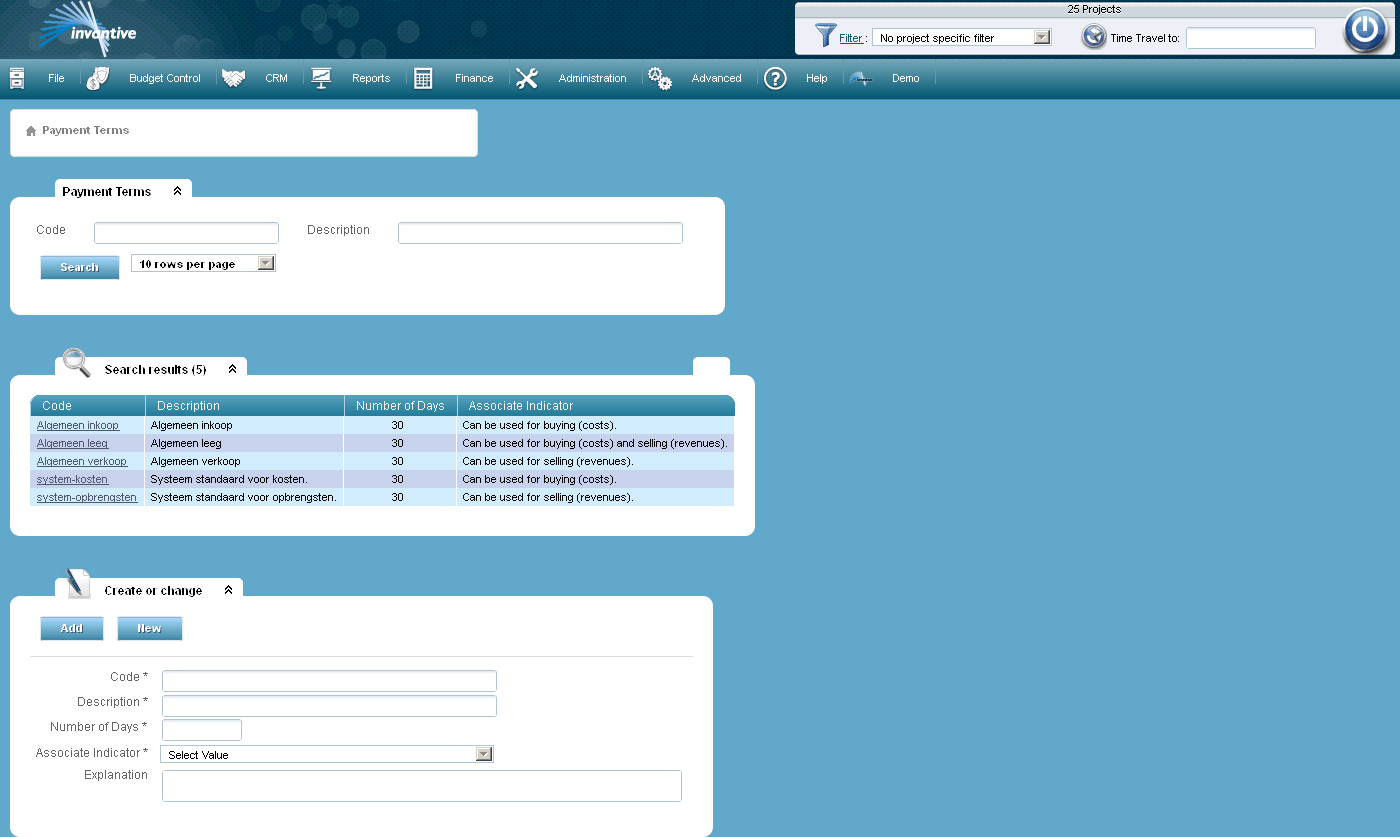 Payment Terms Screen Payment Terms Screen
