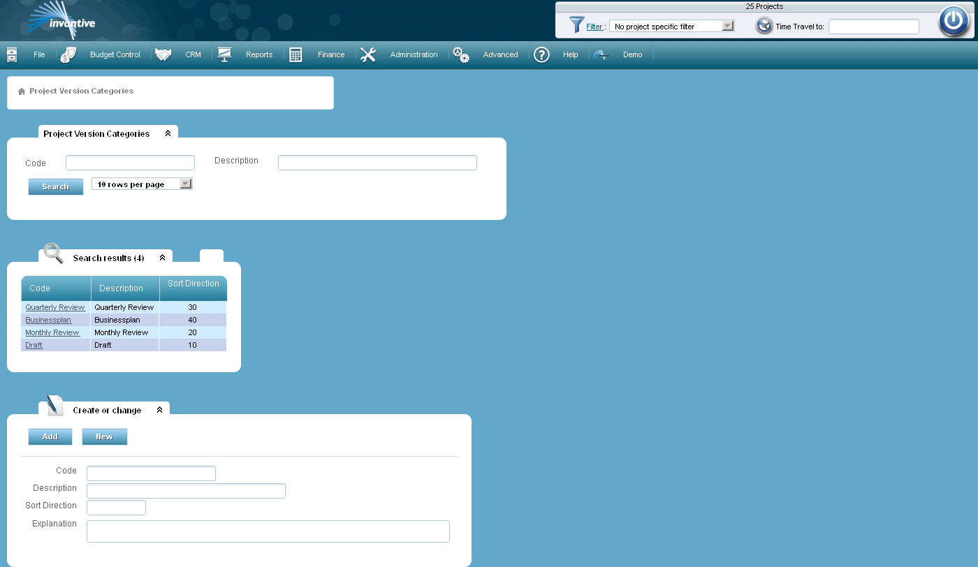 Project Version Categories Screen Project Version Categories Screen