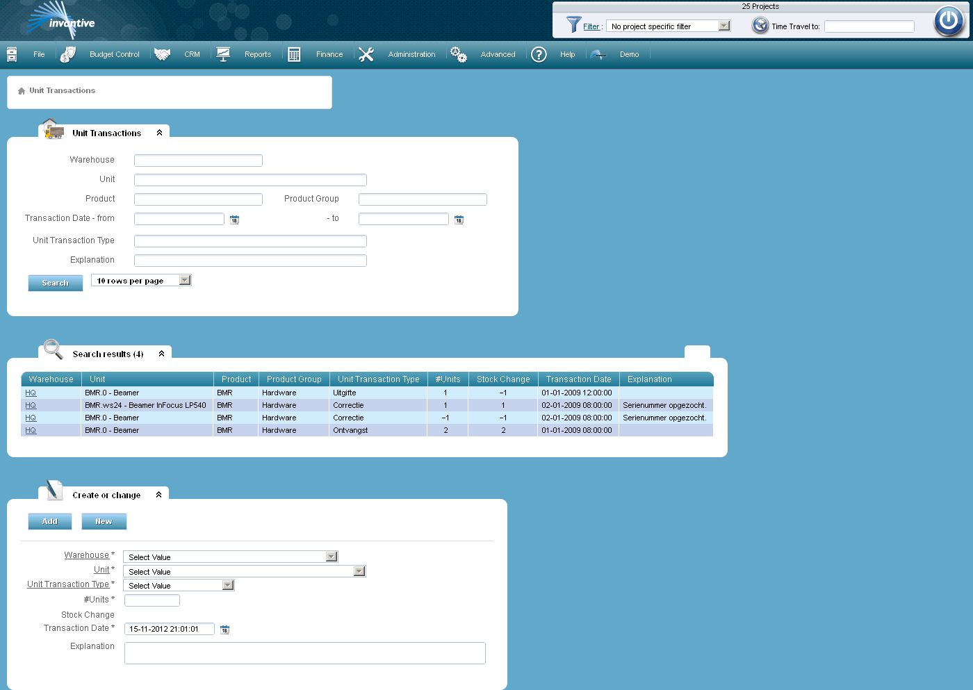 Transactions of Units Screen Transactions of Units Screen