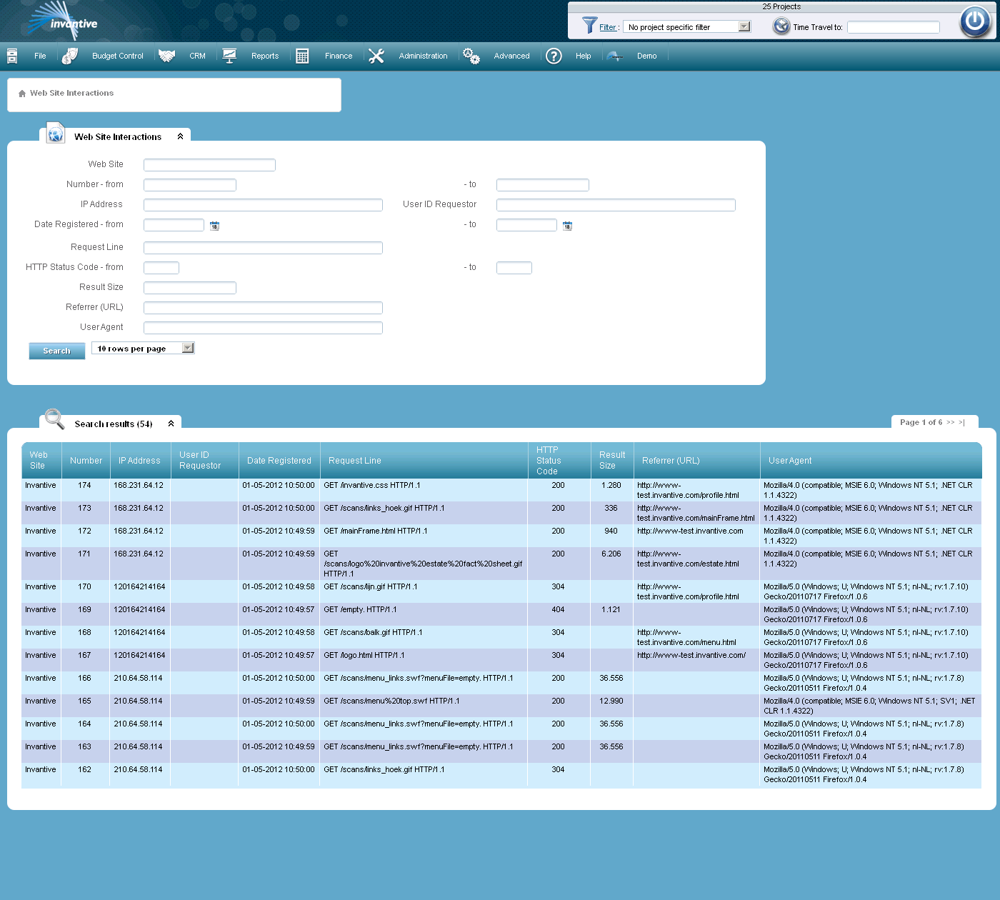 Website interactions screen Website interactions screen