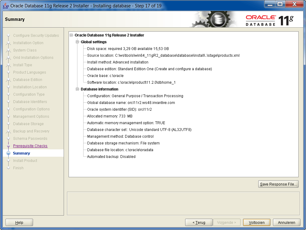 Installation Oracle 11g R2 on Windows: Summary
